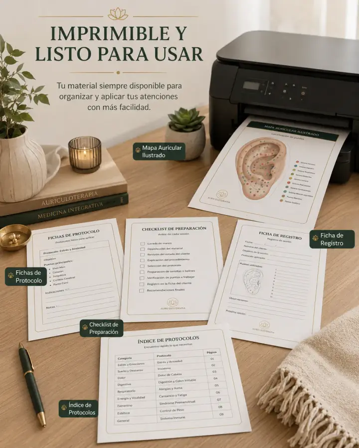 Material imprimible y listo para usar: mapa auricular, fichas de protocolo, checklist y registro