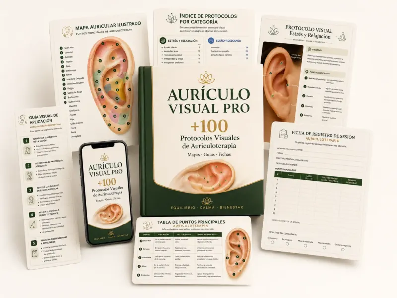 Kit completo de Auriculoterapia: guía principal, protocolos visuales, mapa auricular, ficha de registro, checklist, tabla de puntos y acceso digital
